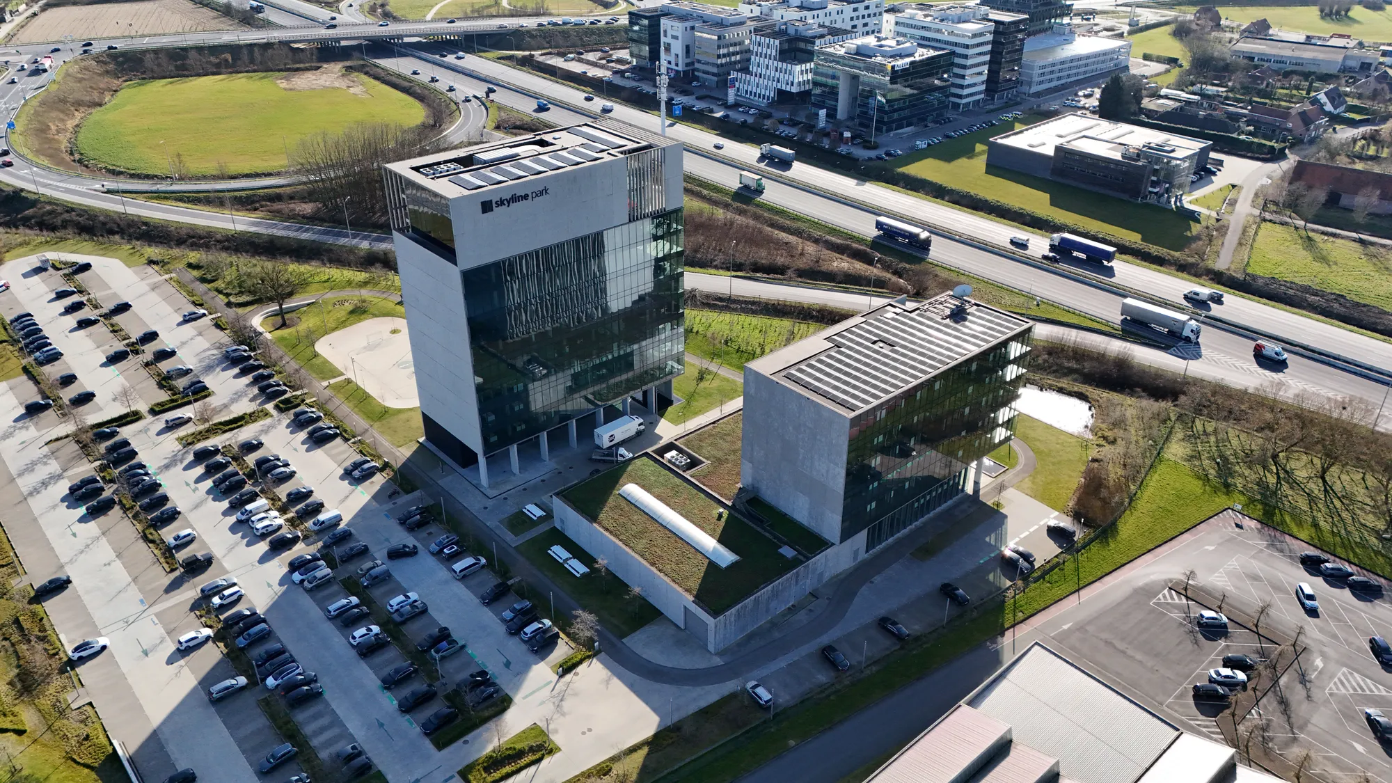 Solar panels and green roof on our offices in Izegem, Belgium.