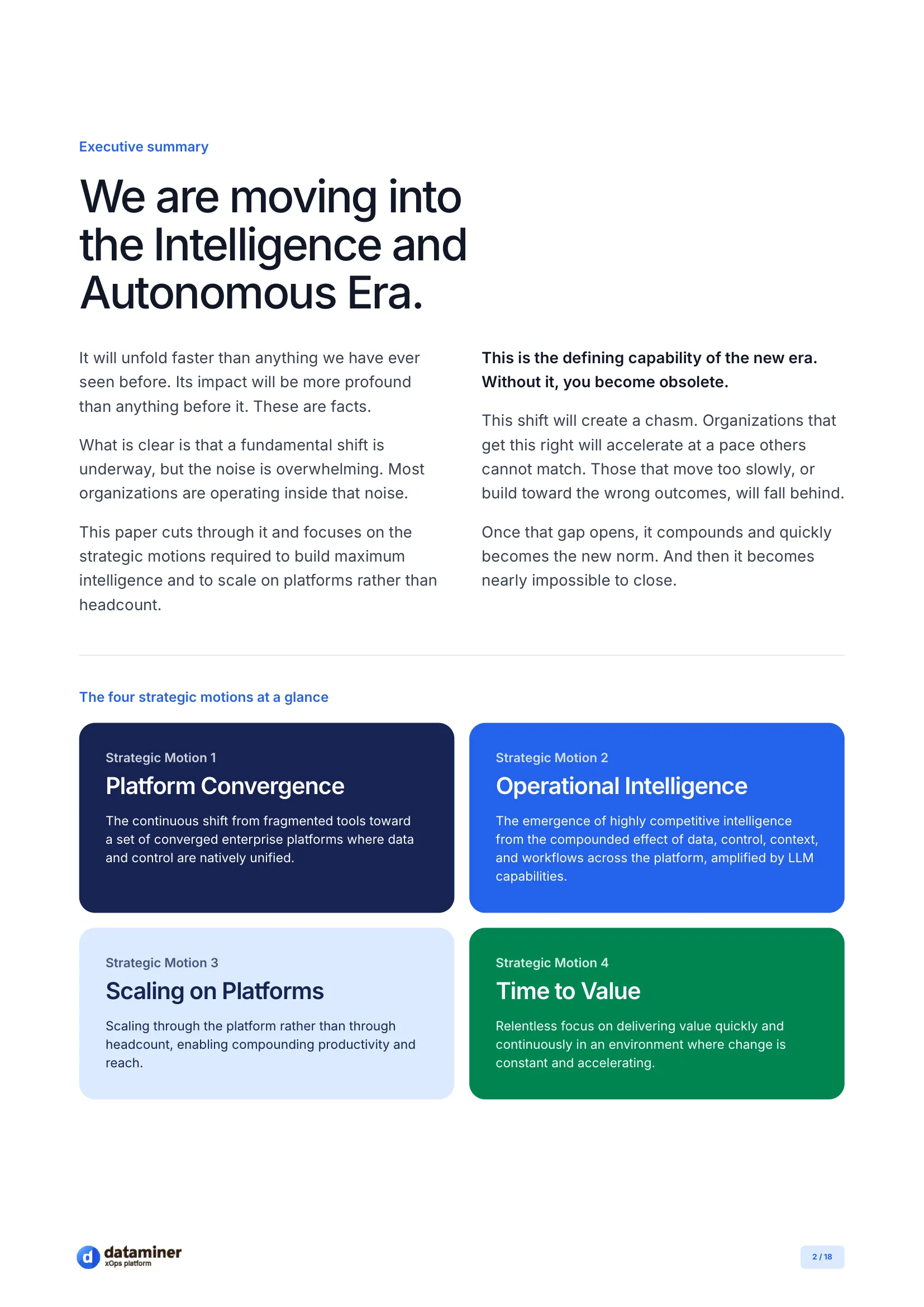 Strategic Motion Model white paper page: executive summary and the four strategic motions at a glance