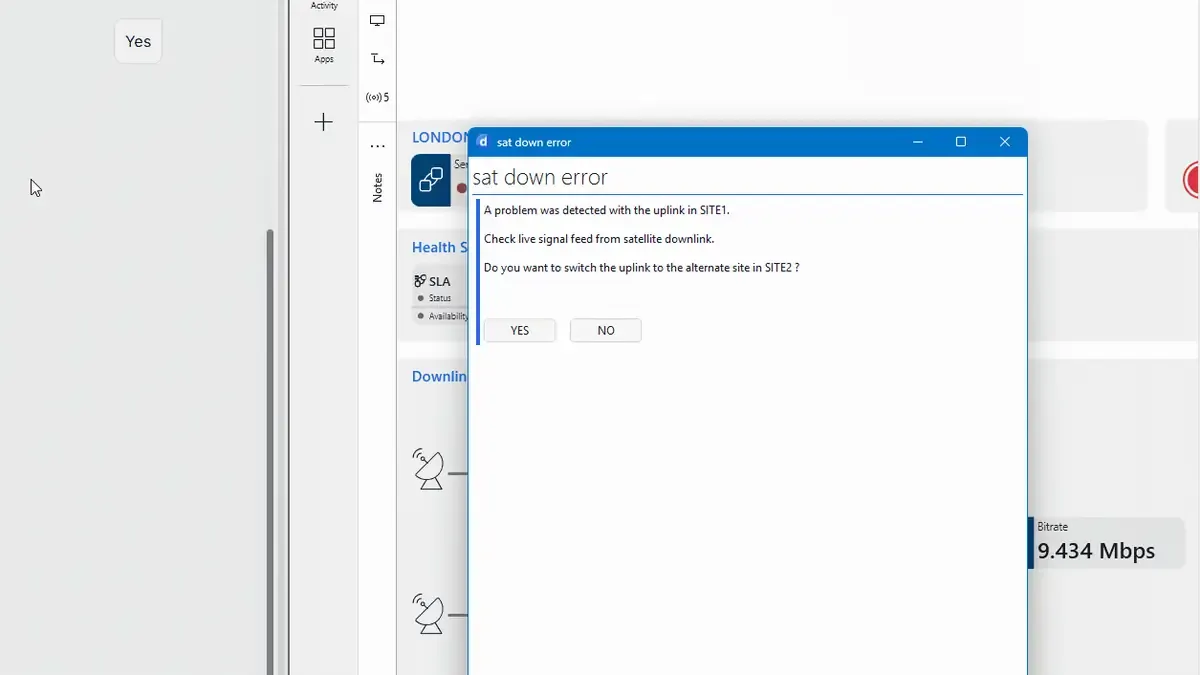 A DataMiner prompt asking whether to switch the uplink to the alternate site, with Yes and No buttons, over the London downlink view.