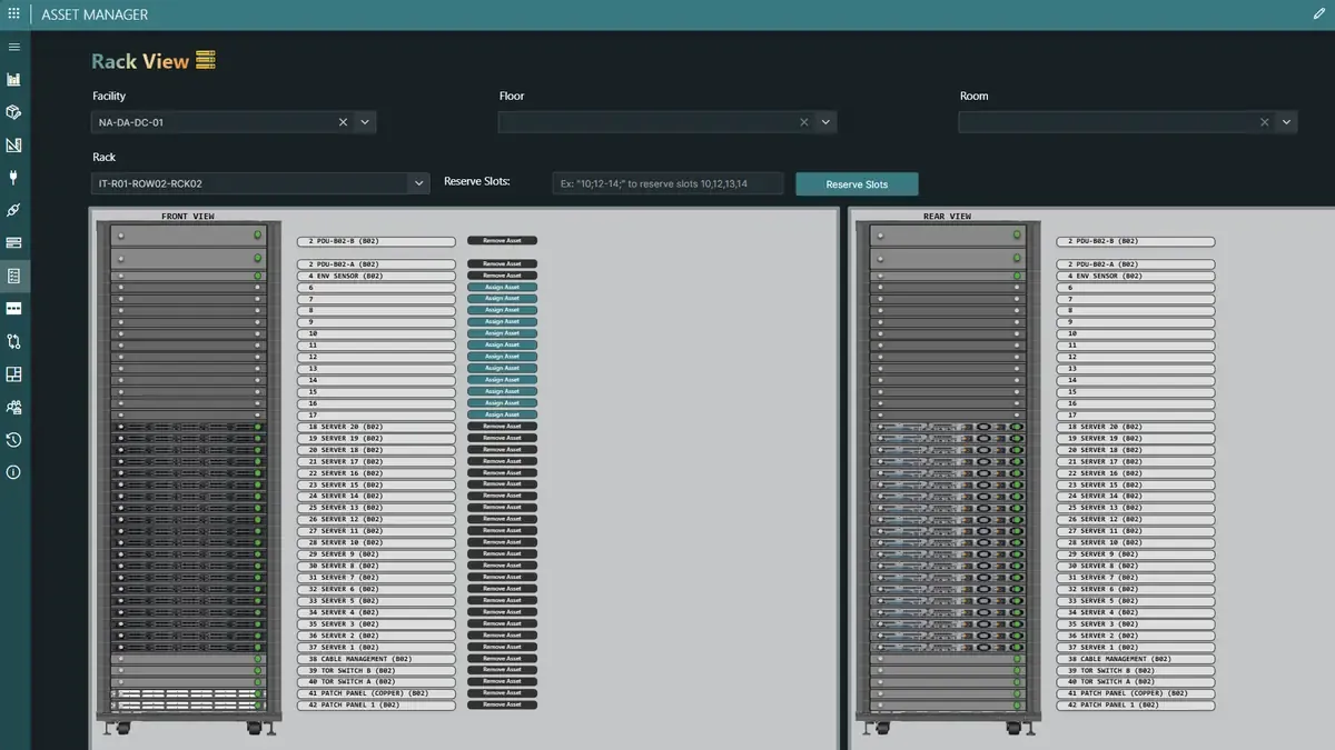 An asset manager rack view with the front and rear of a rack and its reserved slots.