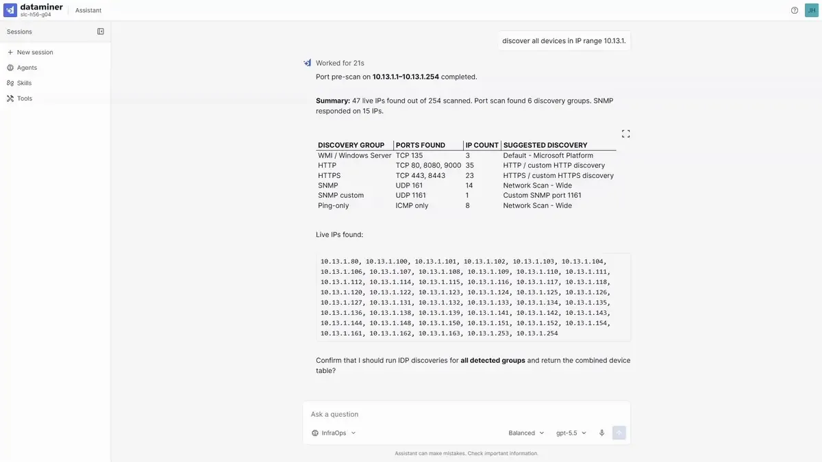 DataMiner Assistant listing the live IPs and discovery groups found in an IP range scan.