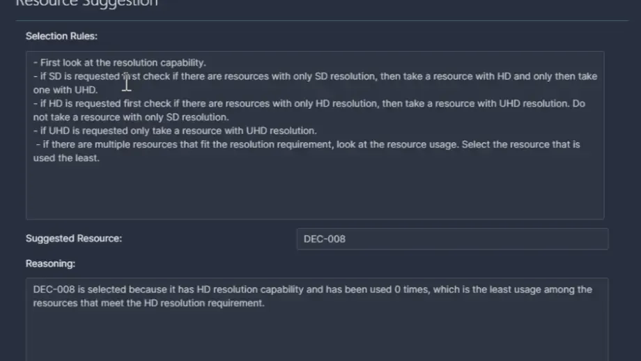 A resource suggestion with selection rules in plain text, the suggested resource and the reasoning behind it.