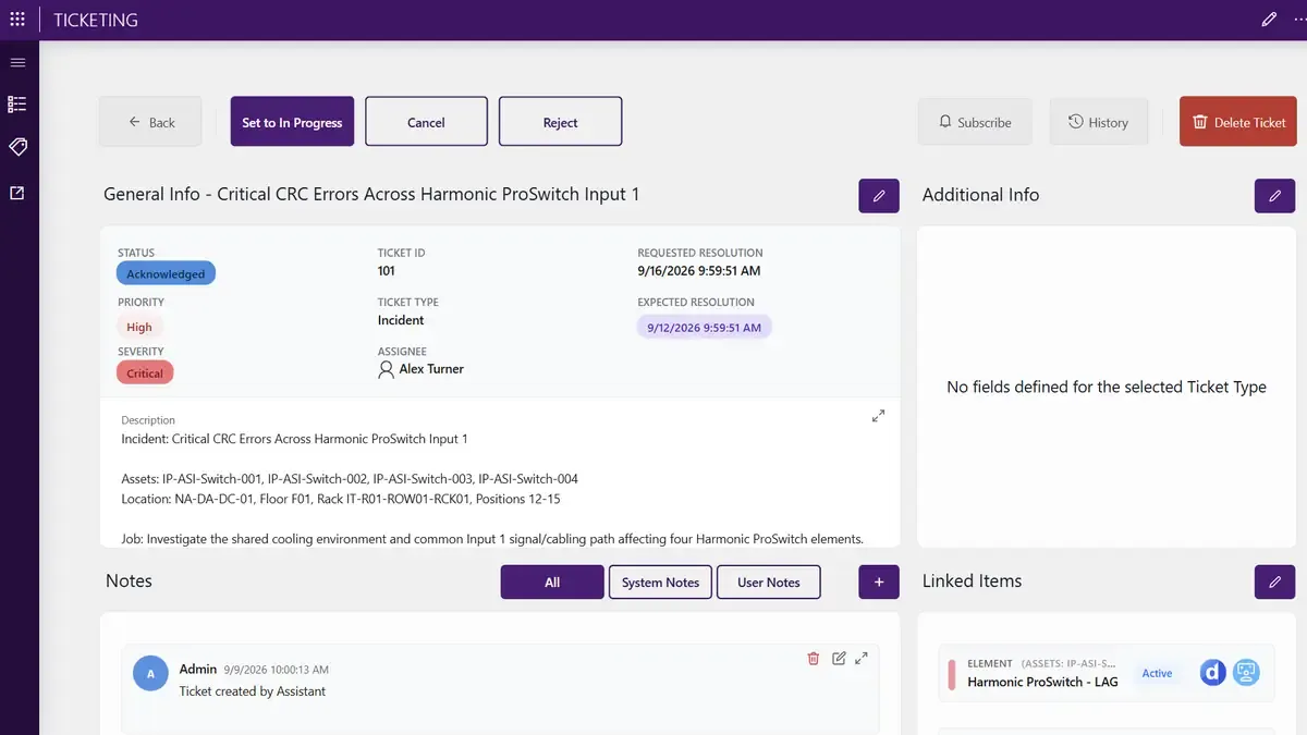 A ticket created by DataMiner Assistant for critical CRC errors, with assets, location and the first thing to investigate.