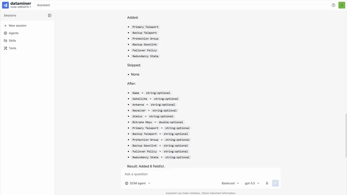 DataMiner Assistant listing the fields it added to a data model.