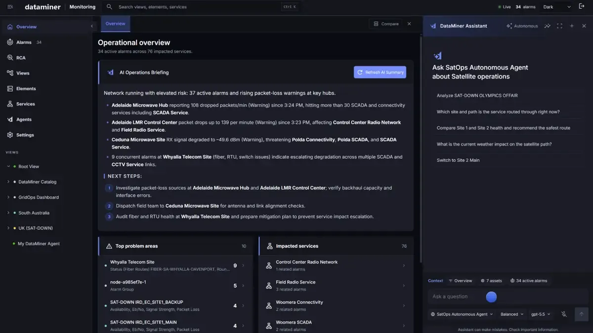An AI operations briefing with the main risks and next steps, next to suggested questions for an agent.