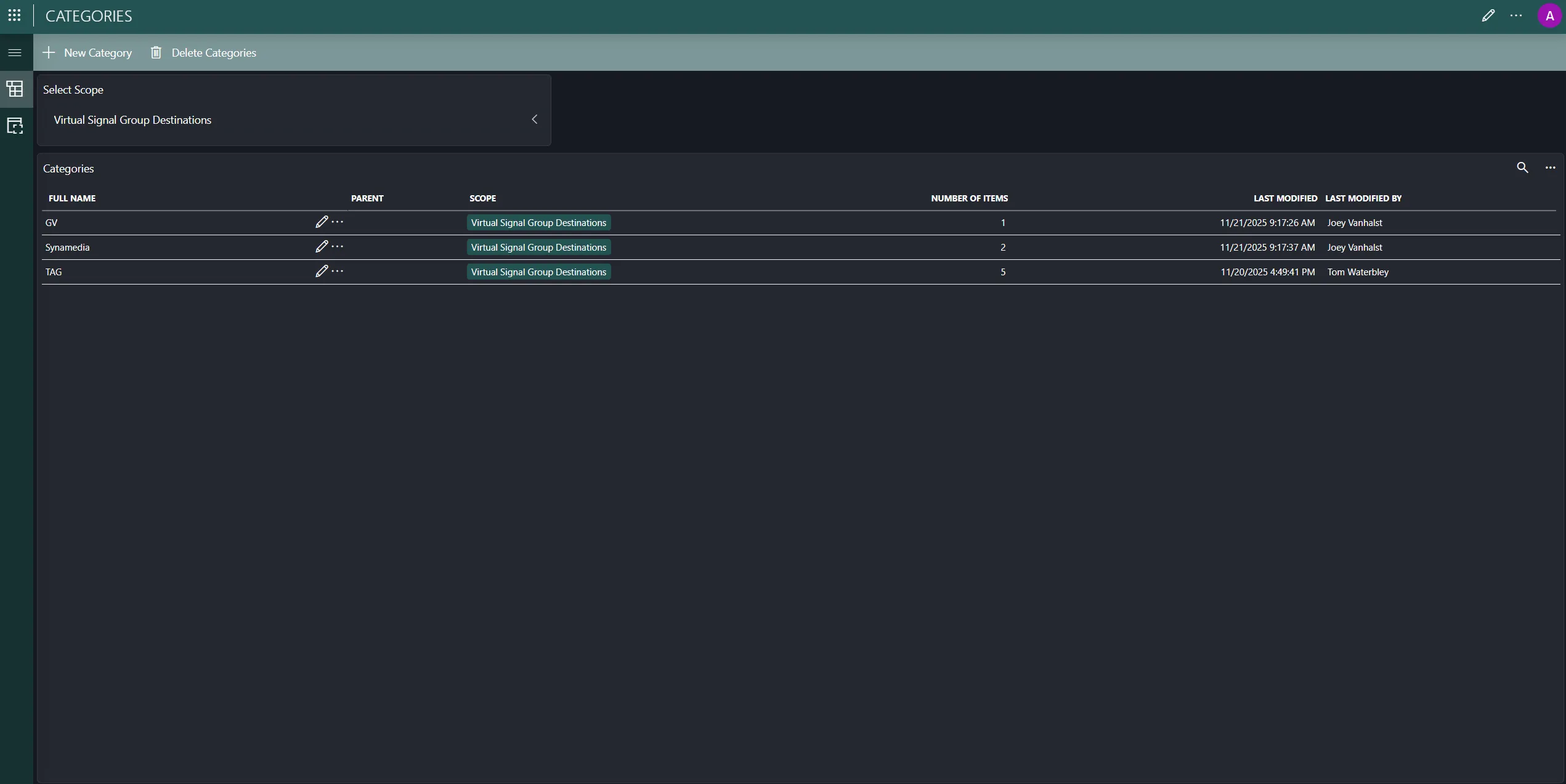 Screenshot of the Categories application