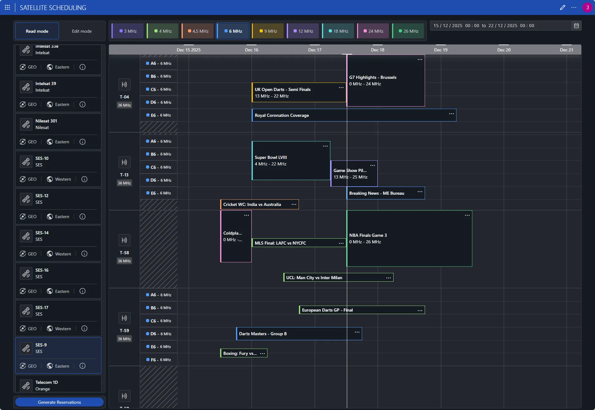 Screenshot of the Satellite scheduling application