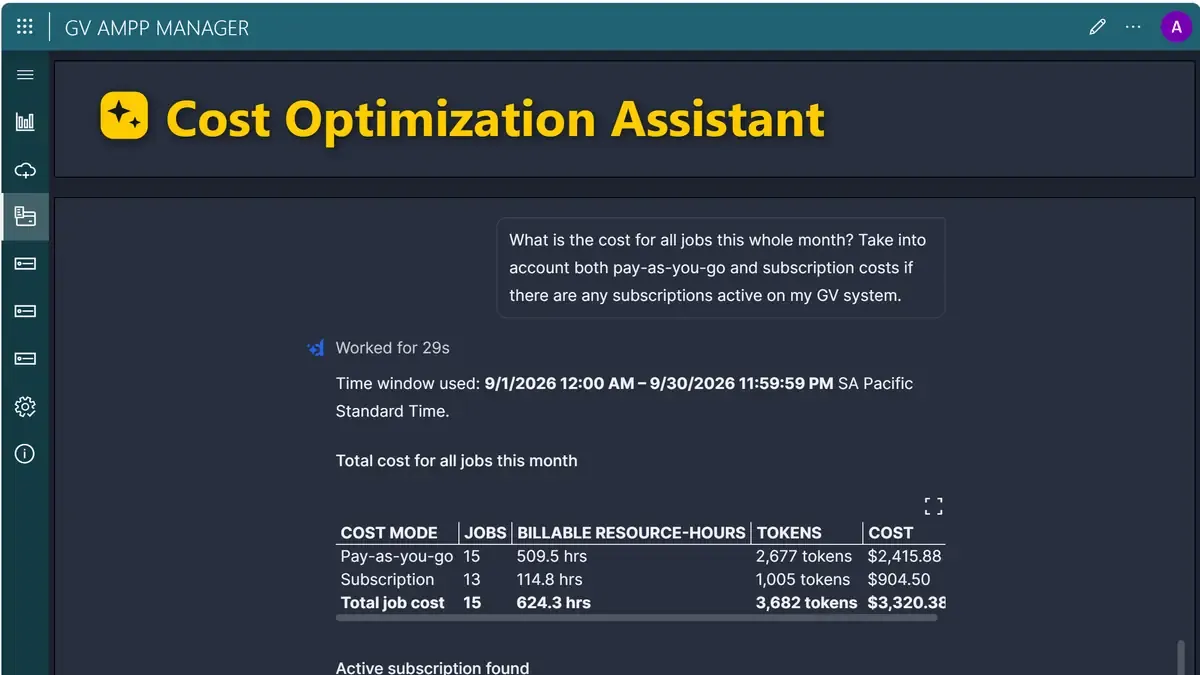 A cost optimization assistant breaking down this month’s job costs by pay-as-you-go and subscription.