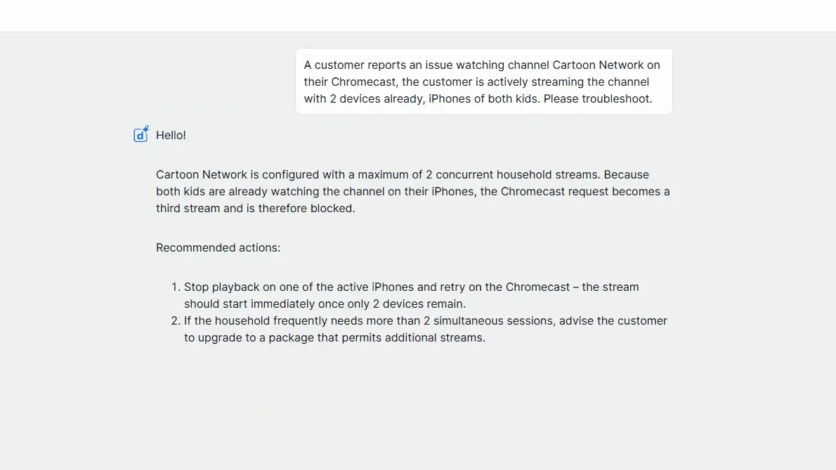 DataMiner Assistant explaining why a customer’s third stream is blocked and recommending two actions.
