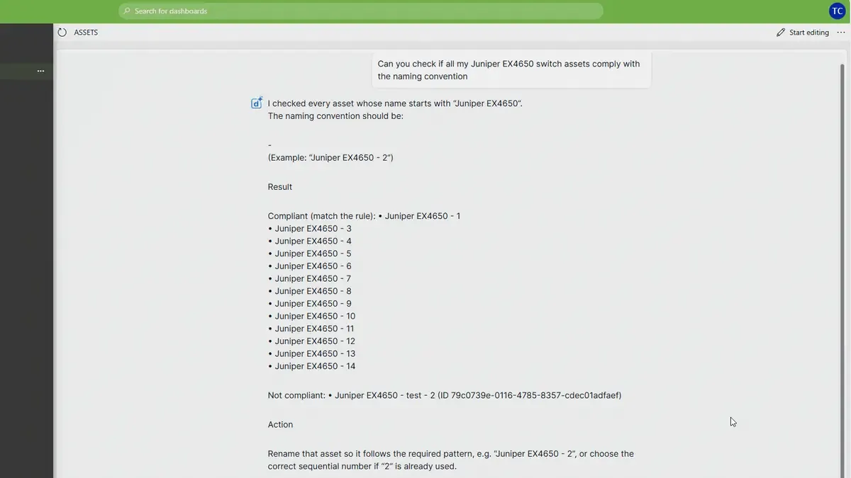 DataMiner Assistant checking switch names against the naming convention and listing the one asset that does not comply.