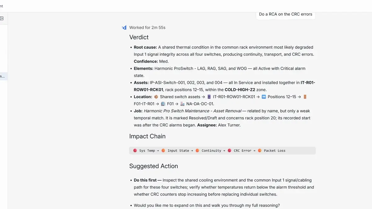 DataMiner Assistant giving a root cause verdict for CRC errors on four switches, with the impact chain and a suggested action.
