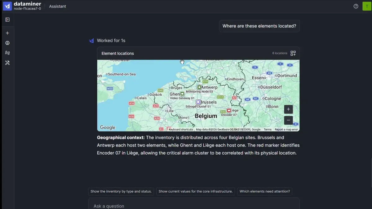 DataMiner Assistant answering with a live map widget that shows where the elements are located.